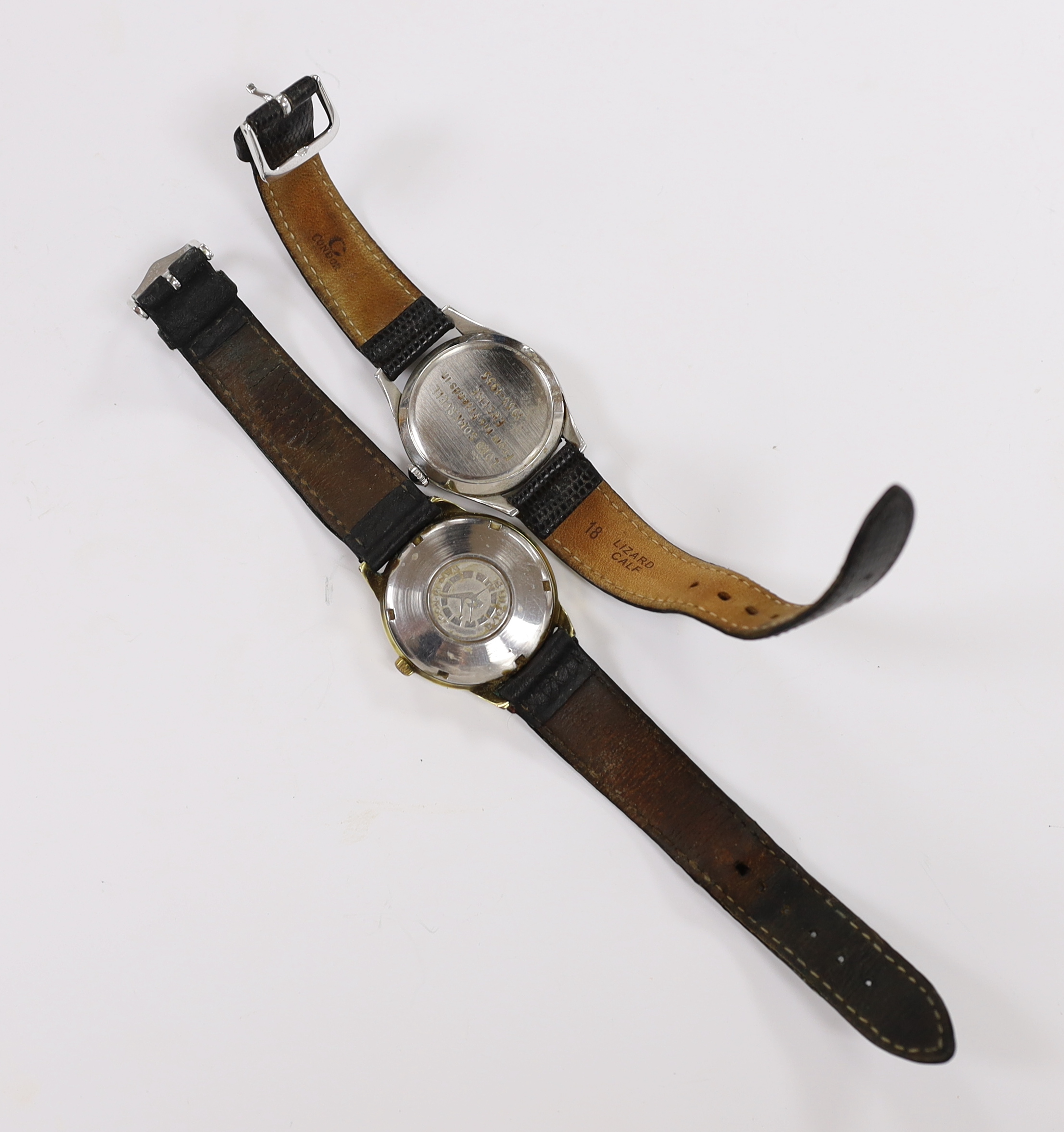 A gentleman's 1950's stainless steel Longines manual wind wrist watch, with case back inscription and a gentleman's steel and gold plated Bulova automatic wrist watch.